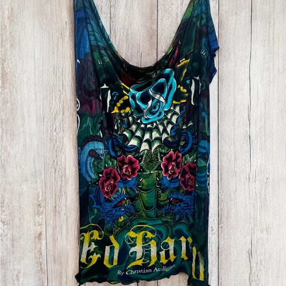 Y2K Ed Hardy Tattoo Print Sheer Scarf by Christian Audigier Graphic Scull Roses - Picture 1 of 7